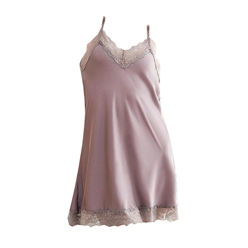 Cross-border Ice Silk Sheer Lace Deep V-Neck Women's Sexy Slip Dress Nightgown