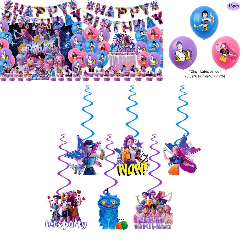 Conjunto de Decoração de Banner de Festa de Aniversário Caçadores de Demônios Kpop Com Balões e Fundo Para Fãs de Anime