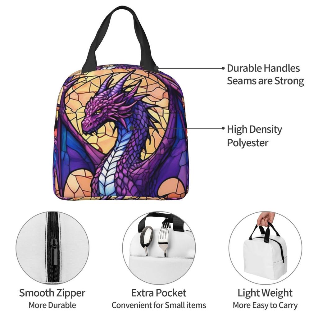 Glass Purple Dragon Pattern Insulated Lunch Bag for Women Office Cooler Thermal Food Box Tote Leakproof Lunch Boxes Container