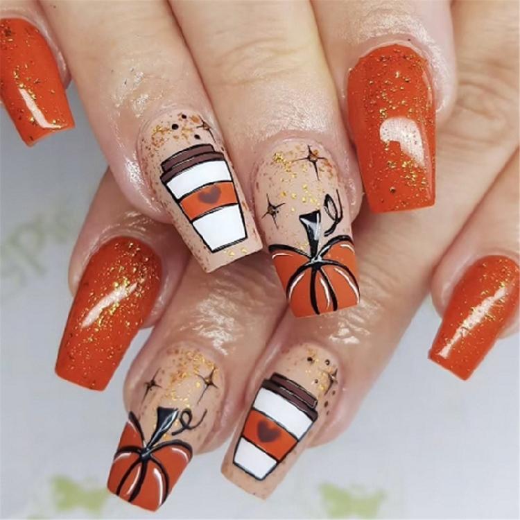 Thanksgiving Press on Nails Artificial Nails French Full Cover Glossy Short Almond Nails Stick on Nails for Women 1