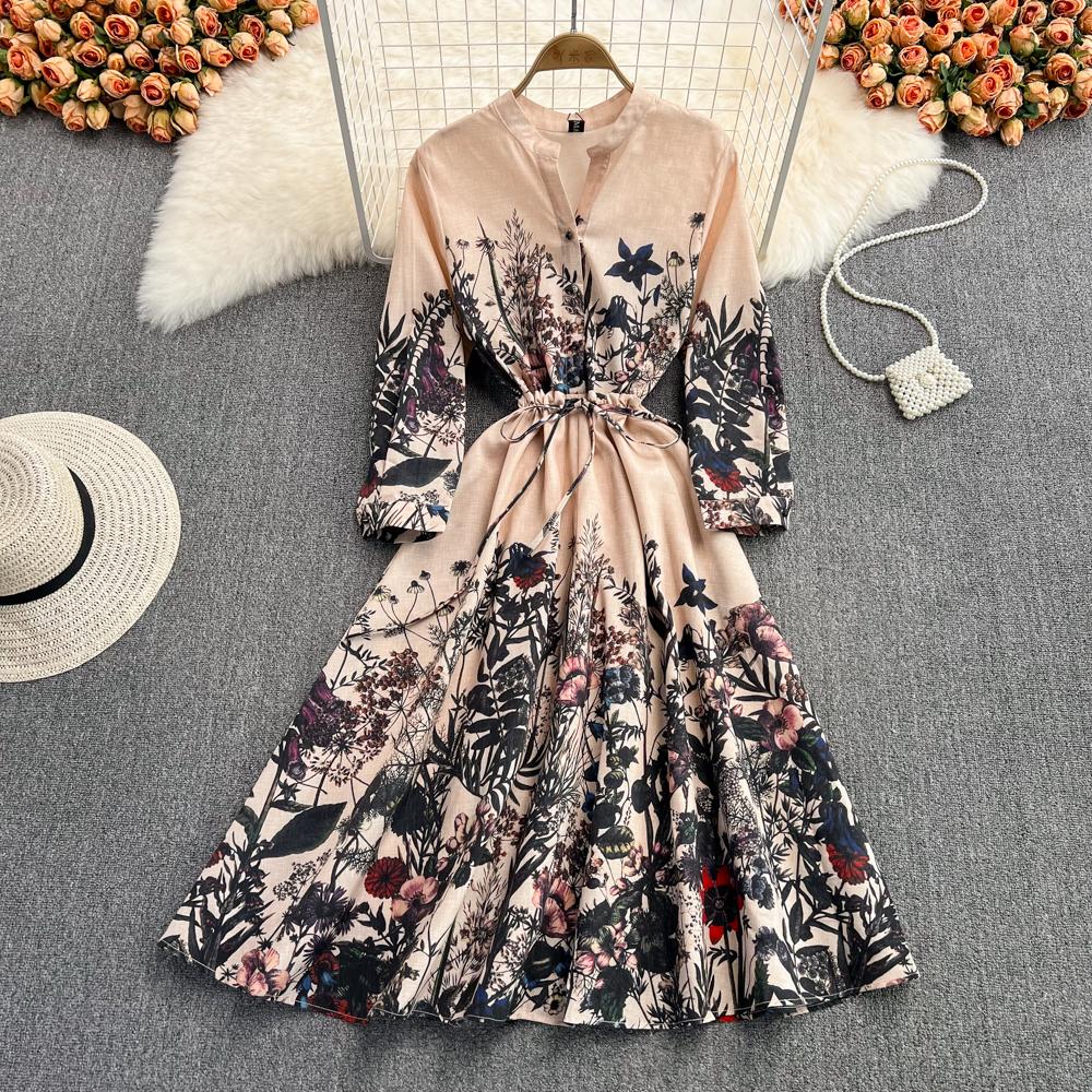 

RUGOD весеннее легкое и знакомое платье в стиле ретро с талией и тонким шнурком с v-образным вырезом и принтом, элегантное и длинное платье