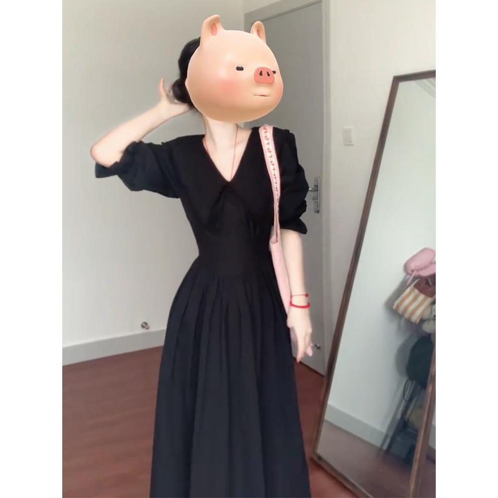 

Черное платье с V-образным вырезом, маленькое платье с талией и тонким темпераментом, длинное платье, весенне-осенние женские летние новые модели XL- (recommended 110-60kg)