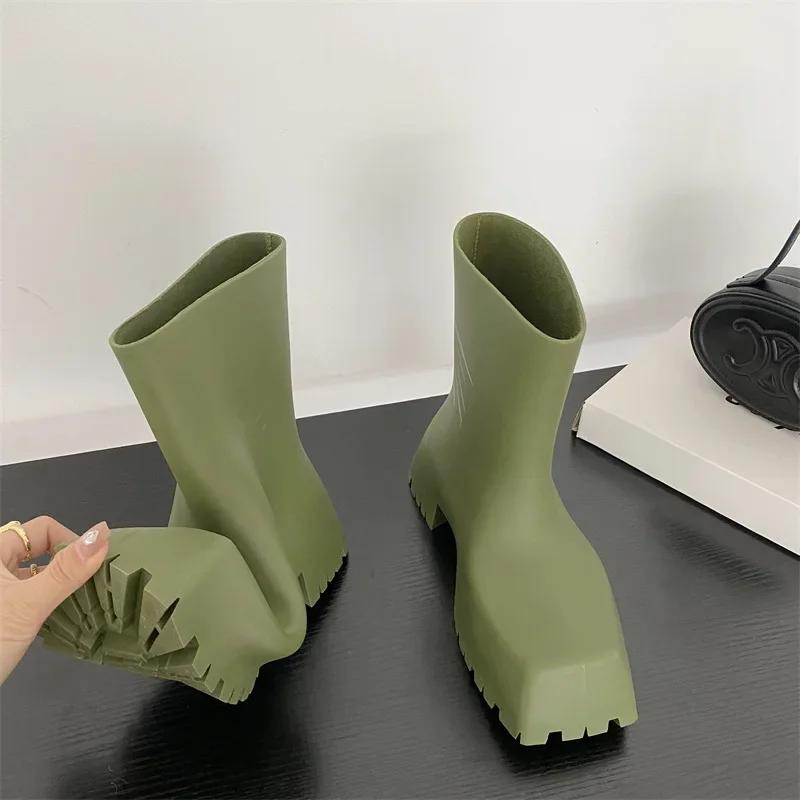 Luxury Women Boots Designer Boots Waterproof Non-slip Short Boot Square Toe Soft Leather Comfy Women Platform Rain Boots