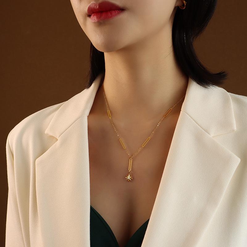 European Eight-Pointed Star Zircon Pendant Necklace, 18K Gold-Plated Titanium Steel with Tassel Lock Design for Women