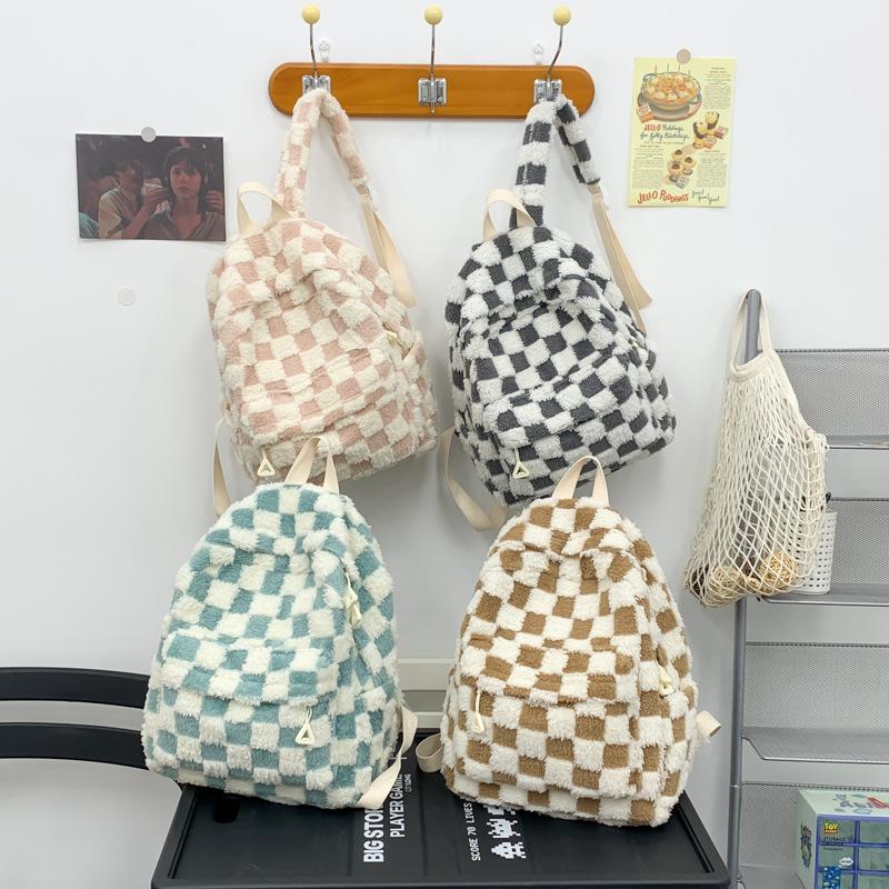 School Bag, Autumn and Winter New Plush Checkered Backpack, Women's Versatile Student Backpack, Casual Fashion Travel Large-capacity Backpack