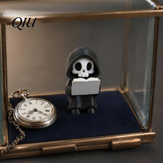 Versatile Desktop Decoration Grim Reaper Reading Figurine, 3D Printed Mini Skull Statue, Fun Sculpture Cute Gothic Skeleton Ornament for Bookshelf,