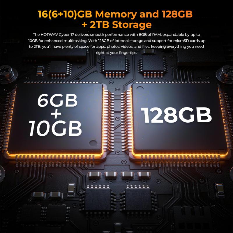 HOTWAV Cyber 17,Telefono Cellulare da Esterno,16GB(6+10)+128GB, Android 16, 6200mAh 20W, Fotocamera 48MP, Dual SIM 4G/NFC/OTG/Lanterna da Campeggio Super Luminosa