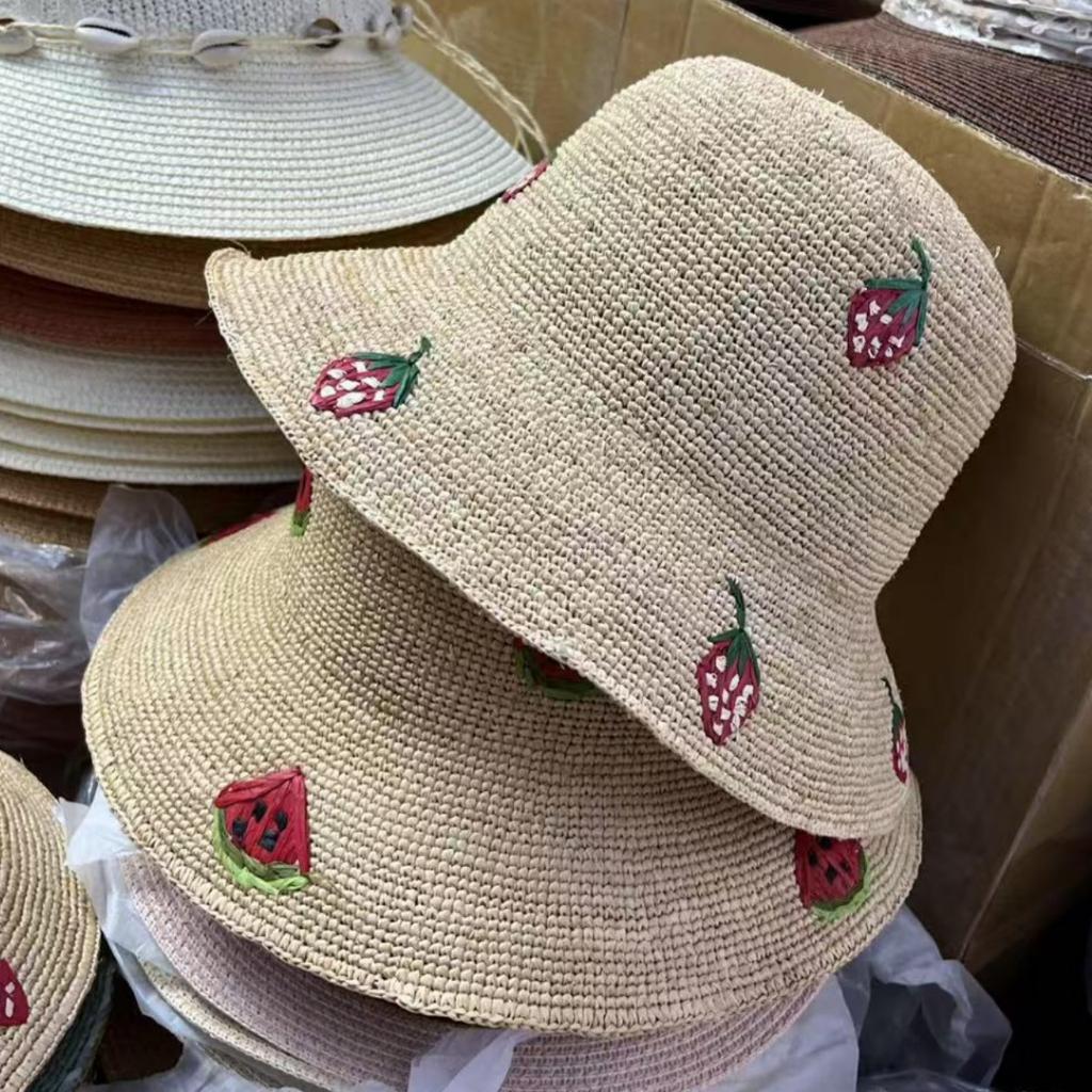 2026 Spring Summer New Watermelon Heart Strawberry Embroidered Straw Hat Women Summer Hand Crocheted Raffia Beach Fisherman Hat