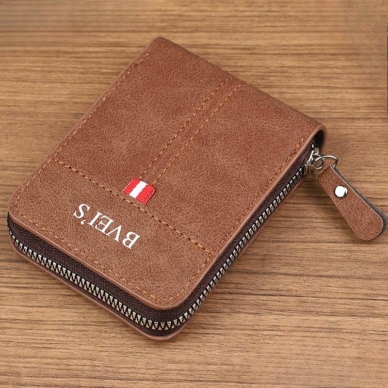 Men's Short Wallet Card Holder Zipper 3 Fold Purse Leather Money Clip Retro Casual Buckle Square Bag