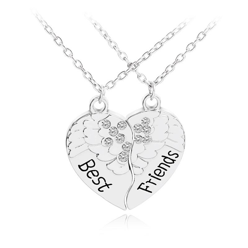 Rhinestone Heart Necklace: European & American Heart Metal Pendant with Best Friend Letter