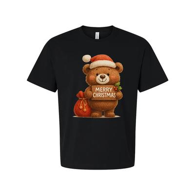 Unisex Christmas T Shirt With Cute Teddy Bear Santa Hat Holding Merry Christmas