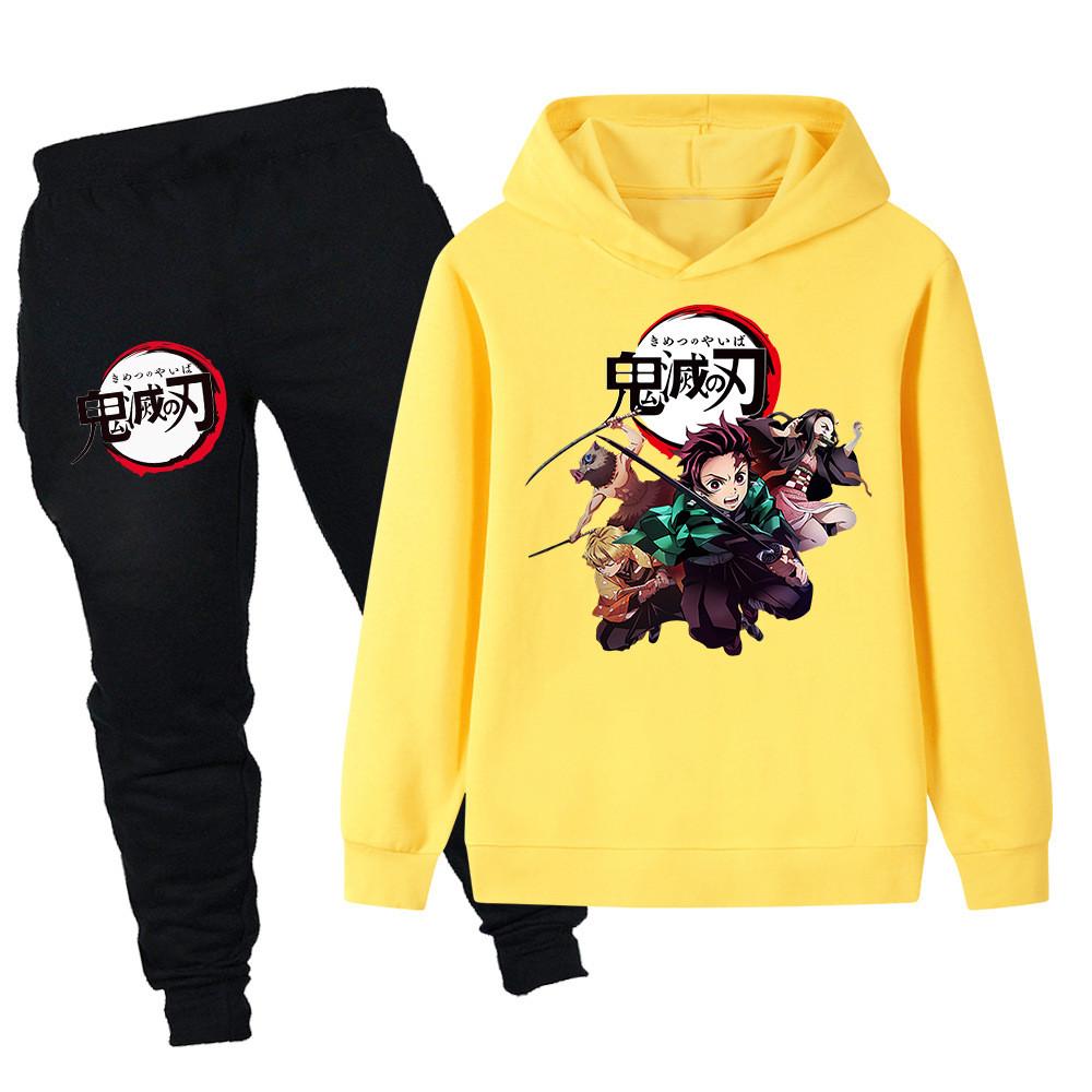 PB095 Kids Boys Girls Kimetsu No Yaiba Print Long Sleeves Hoodie Pants Trousers Clothes Sets
