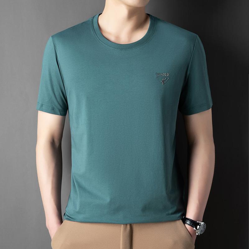 

Летняя новая стильная мужская футболка из шелкового шелка среднего возраста с круглым вырезом и вышивкой, повседневная тонкая мужская футболка с короткими рукавами 58 зелёный