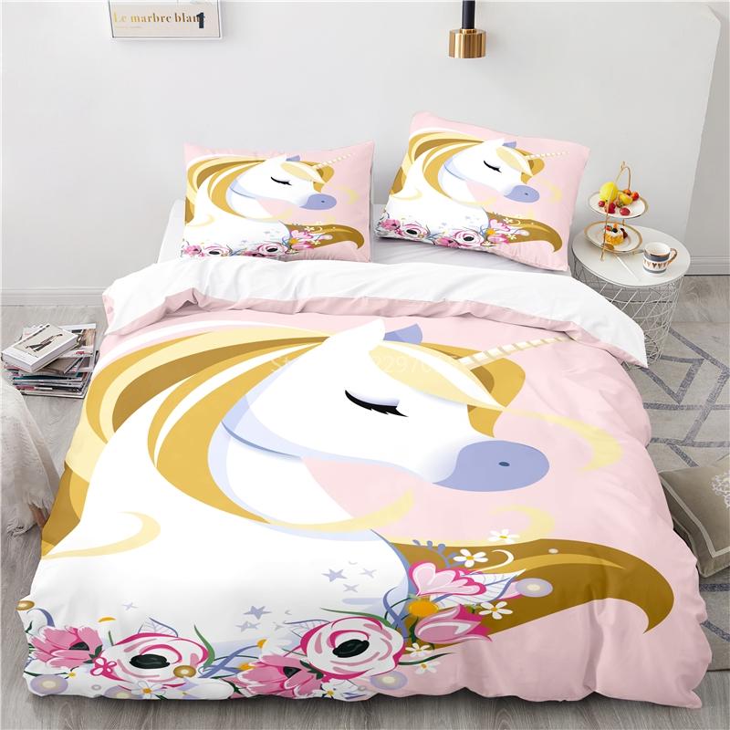 Cute Unicorn Pattern 3d Bedding Set Bed Linen 2/3pcs Blue Duvet Cover Set with Pillowcase Twin Full Queen King Size Home Textile