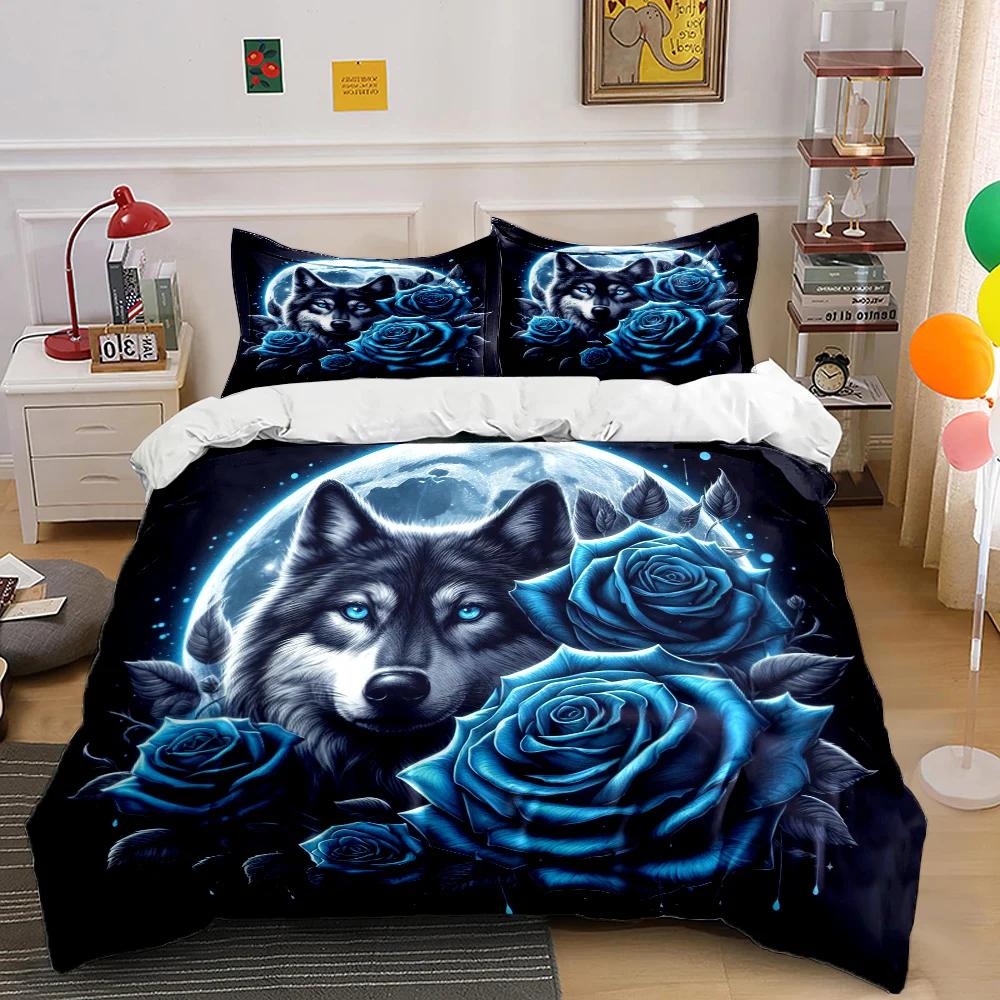 New Arrival! Wolf and Rose Print Bedding Set for Wolf Totem Lovers 1 Quilt Cover 2 Pillowcases Adult and Kids Bedding Set Gifts
