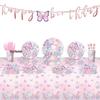 Pink Butterfly Birthday Party Disposable Tableware Set: Plates, Cups, Napkins, Tablecloth.