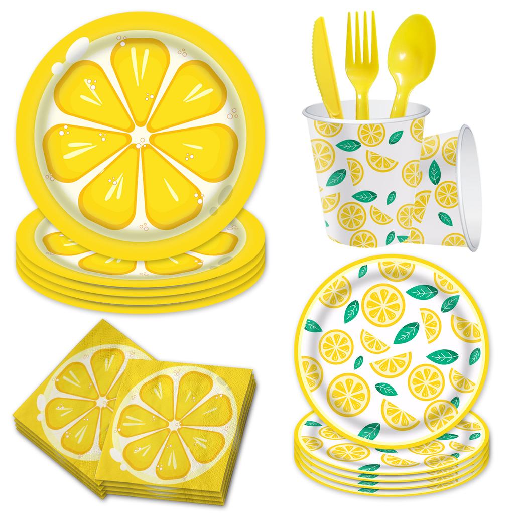 Children'S Summer Party Birthday Tableware Lemon Fruit Plate Flag Disposable Tablecloth Paper Cup Paper Plate Paper Towel
