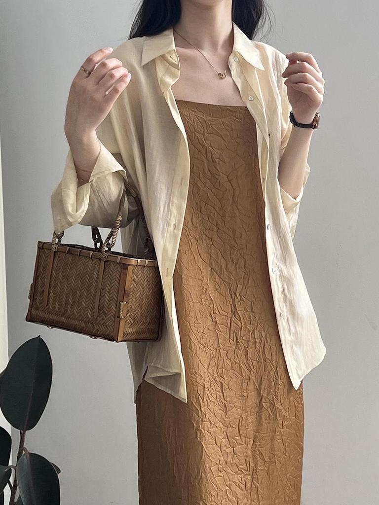 Women's Summer Loose Fit Tencel Shirt with Frog Buttons and Tie-Back, Turn-Down Collar, Sun Protection