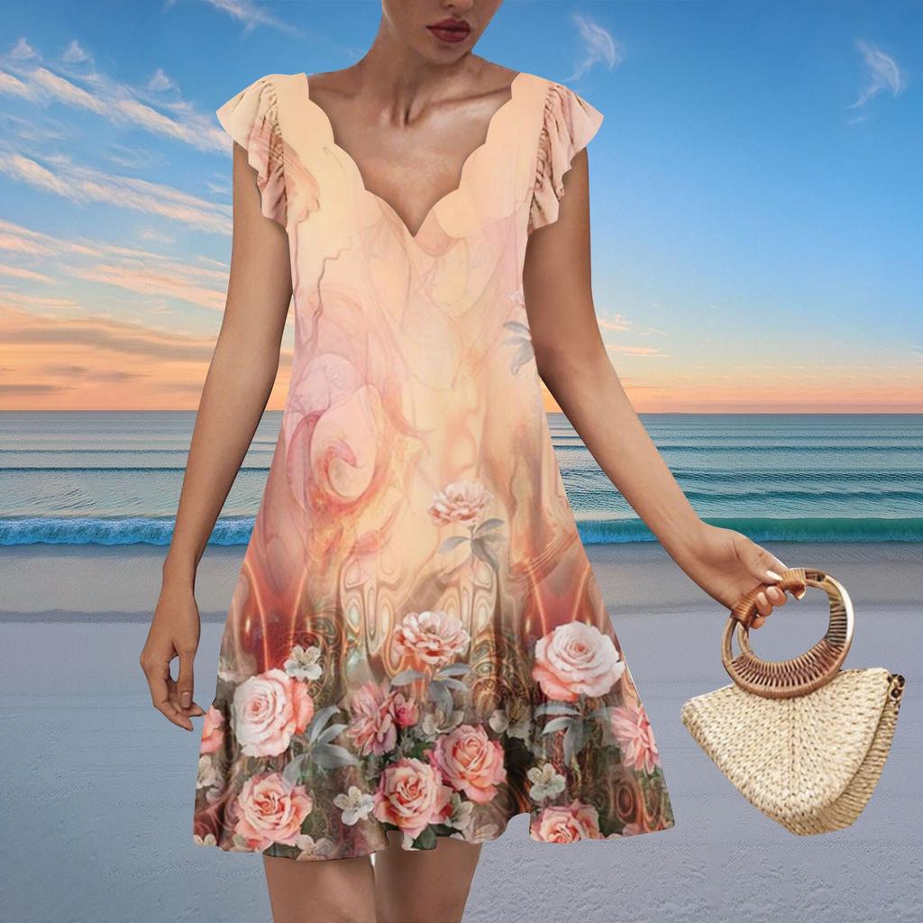 Women's Fashion Casual V Neck Wavy Edge Print Short Sleeve Dress