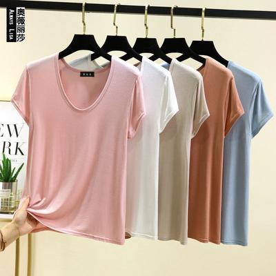Summer Solid U-Neck Basic Tshirt for Womens Short Sleeve Loose Fit Modal Tee Tops