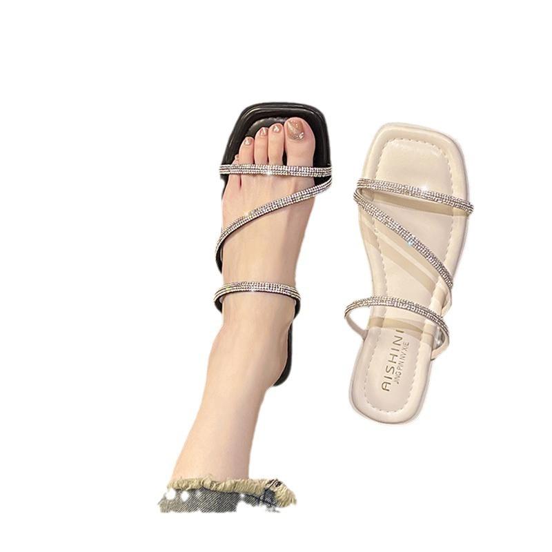 Thick-soled Sandals Women's Summer Outer Wear 2025 New Rhinestone Transparent Diamond-set Crystal and Slippers Thick Heel Square Head High Heels