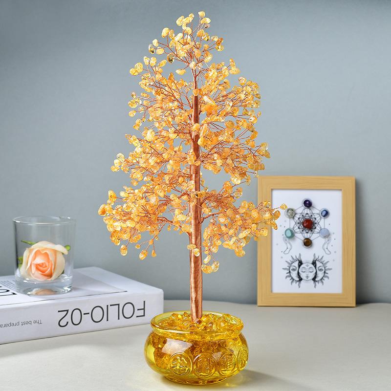 Natural Crystal Flower Carved Money Tree Ornament Yellow Wealth Tree Money Bowl Home Opening Holiday Gift (as the picture,One Size)