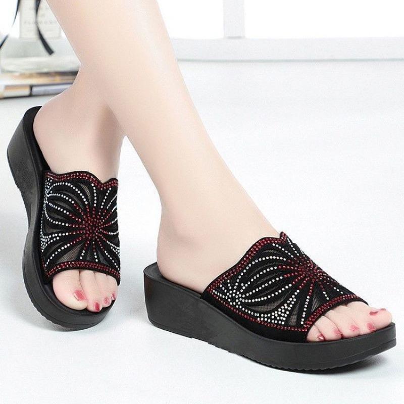 Slippers Women's Summer Model Mother Model Sandals Wear Non-slip Soft Bottom Rhinestone Middle-aged Slope Heel Medium Heel Large Size European and Ame