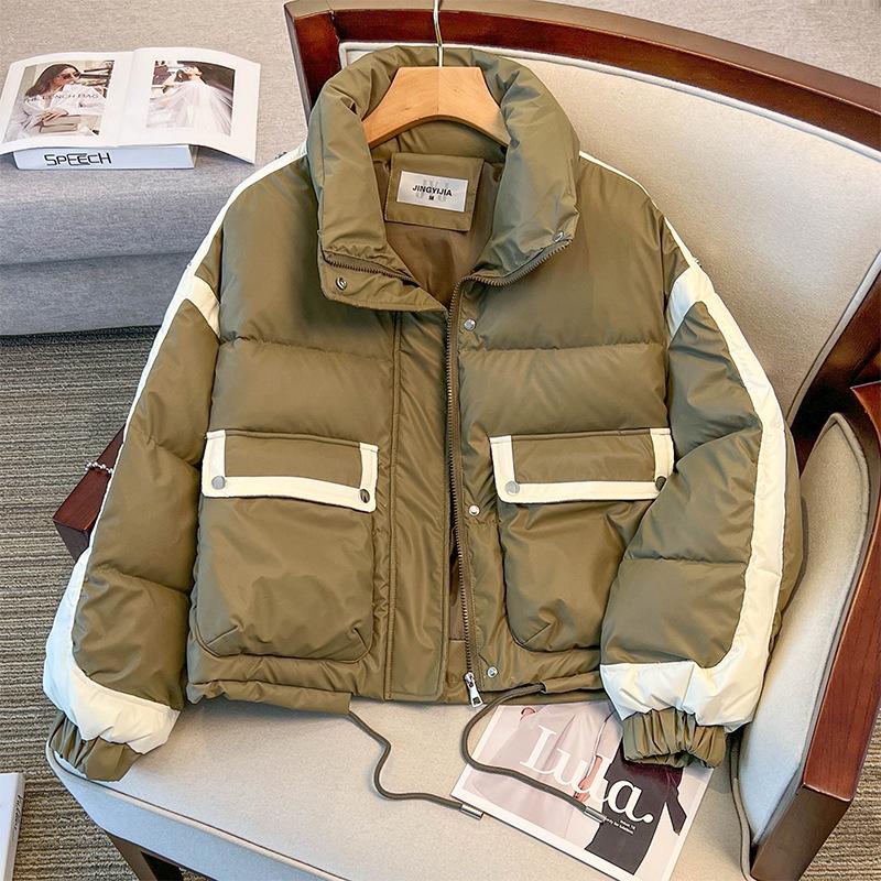 Color-blocking short cotton jacket women's 2025 new winter loose warm cotton jacket stand-up collar bread jacket cotton jacket