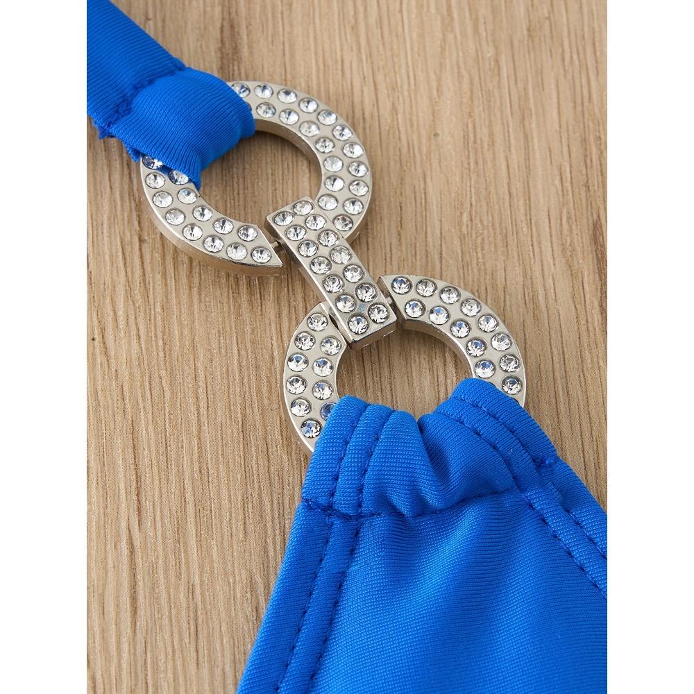2-teiliges Strass-verziertes Dreieck-Bikini-Set Kettenglied-Neckholder-Bindeband, Funkelnder blauer Glitzer, Badeanzug für Karneval, Musikfestival,