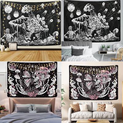 Schwarz-Weiß-Wandkunst, ästhetischer Wandteppich für Zuhause, Gothic-Totenkopf, psychedelischer Hippie-Pilz