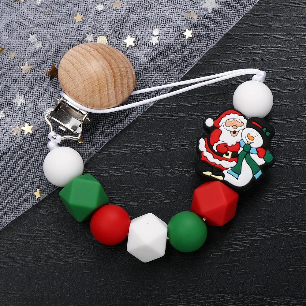 Silicone christmas Beads Pacifier Clips Wood Chew Dummy Chain Holder Infant Soother Chains Nipple Holder Baby Teething Toy Gifts