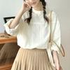 Japanese Vintage Artistic Organ Blouse Ladies Pleated Sweet Lace Hollow Out Long Sleeve Shirt for Women Solid Color Blouses Top