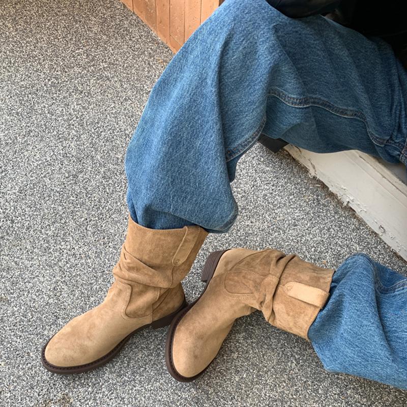 Fashion Autumn Winter Women Western Ankle Boots Fashion Slip On Thick Heel Shoes Ladies Elegant Pleated Short Booties