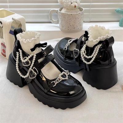 Dampunkplattformpumps Nya Metallkedja Mary Jane Lolita-skor Kvinna Japanskt Lackläder Högklackade Gotiska Skor
