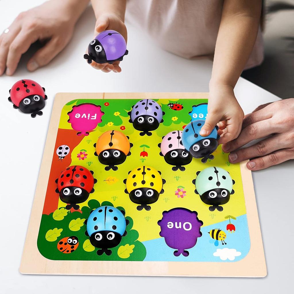 Wooden Counting Ladybugs Montessori Toys for Toddlers Learning Education Toy Puzzle Numbers Matching Math Board Games for Kids