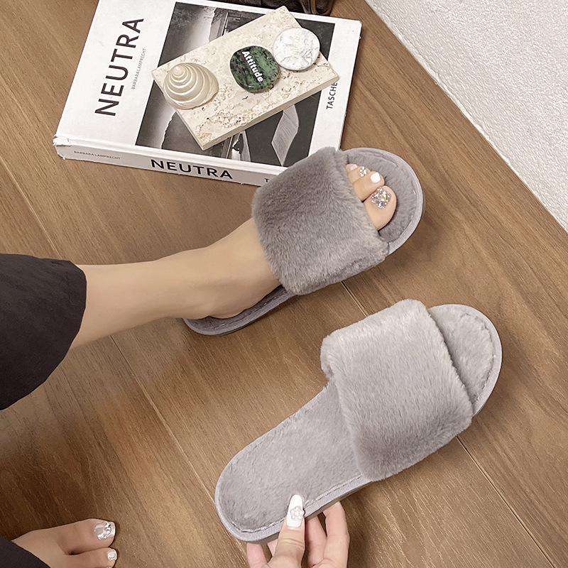 Plus Size Fluffy Rabbit Fur One-Strap Flat Bottom Slippers