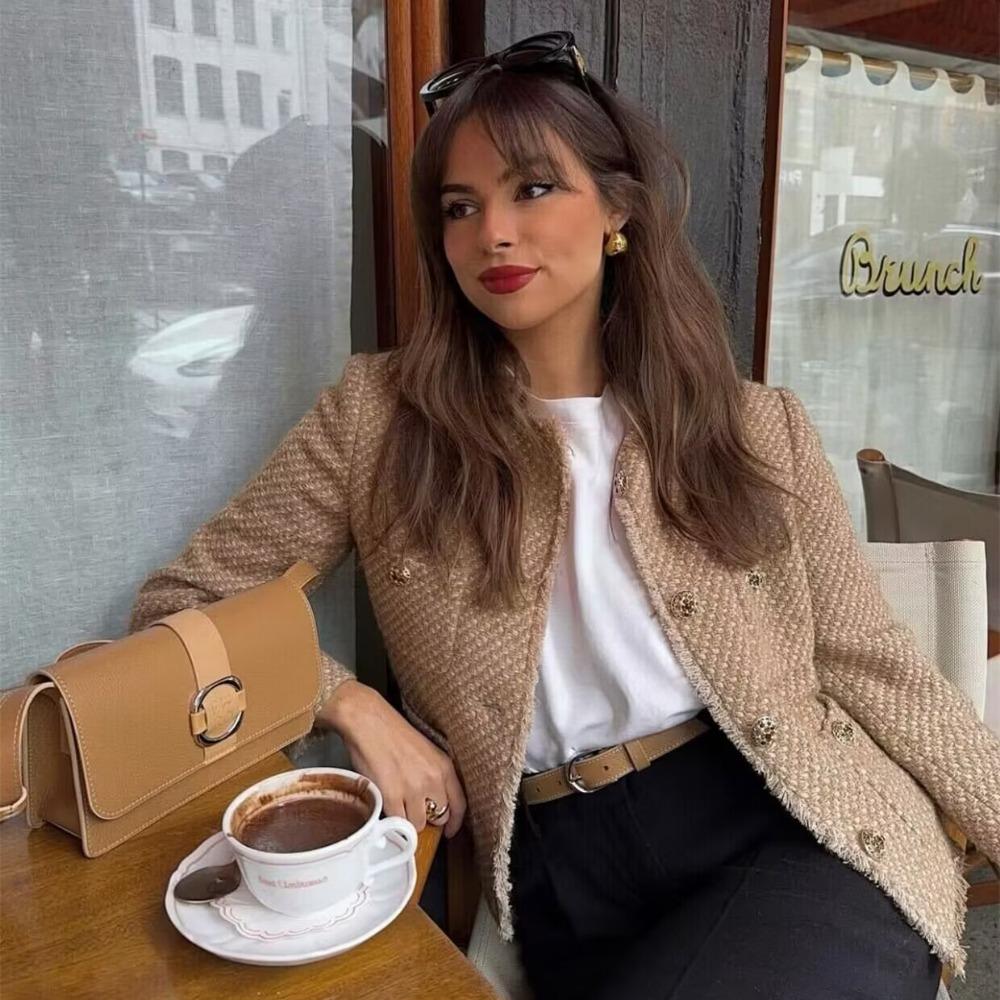 Chic Female Tweed Basic Jacket Coat Women Clothing Woolen Outerwear Long Sleeve Front Button Female Outerwear Chic Tops