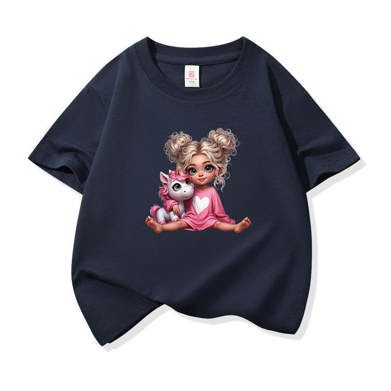 Kids Pure Cotton T Shirt Girl Sitting With Pink Unicorn Print Crew Neck Short Sleeve Tee Casual Boys Girls Summer Tops