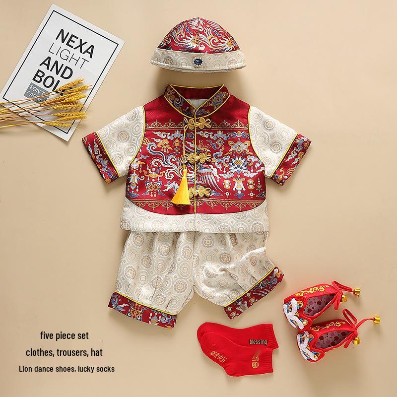 Summer Baby Boy Birthday Tang Suit with Crown for Zhou Ceremony