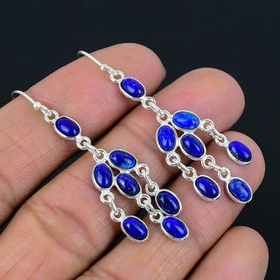 Natural Lapis Lazuli Gemstone Earrings Solid 925 Sterling Silver Handmade Drop Dangle Earrings Jewelry Valentine's Day Gift For Loved Ones
