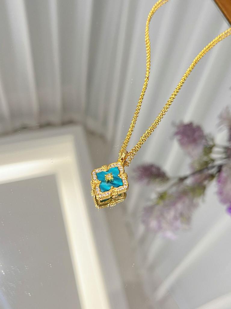 Italienisches Gebürstetes Wasserwellen Blaues Halsketten Armband Set Vielseitige Retro Hof Vierblättriges Kleeblatt Ohrringe