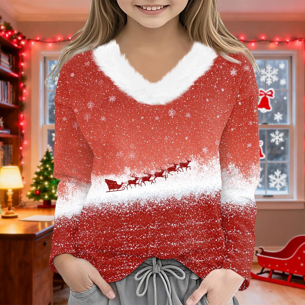 Christmas Day Girls Long Sleeve T Shirts Kids  Girls' V-Neck Tee Christmas Print Long Sleeve Top