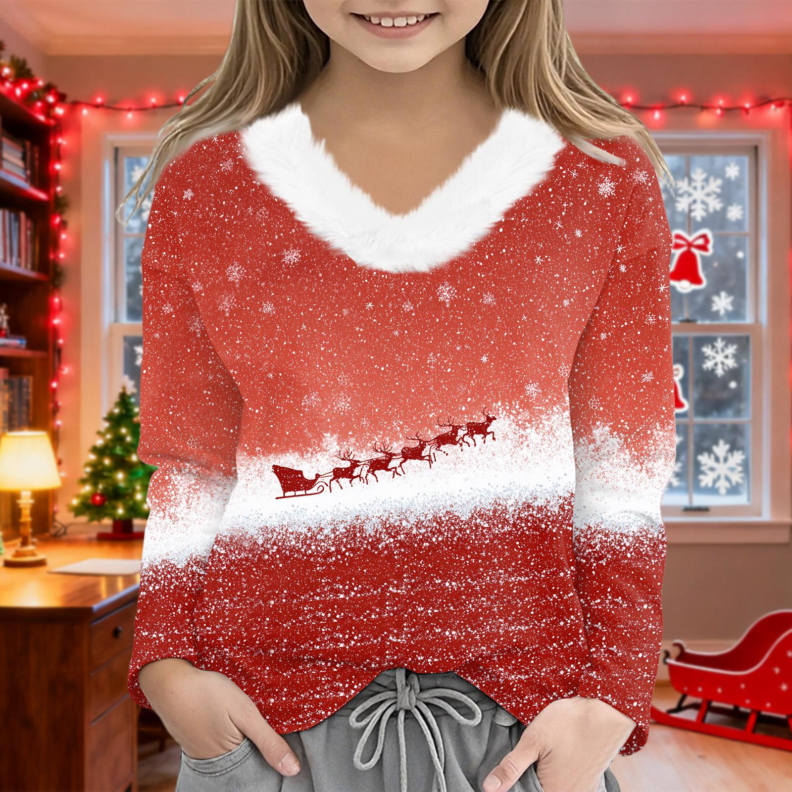 

Рождественские футболки с длинным рукавом для девочек, детская футболка с V-образным вырезом, рождественский принт, топ с длинным рукавом 100