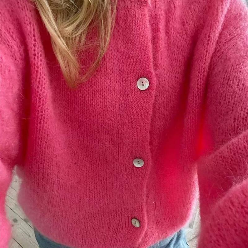 Damenmode, lässig, Herbst/Winter, einfarbig, mit Druck, lange Ärmel, O-Ausschnitt M rose rot
