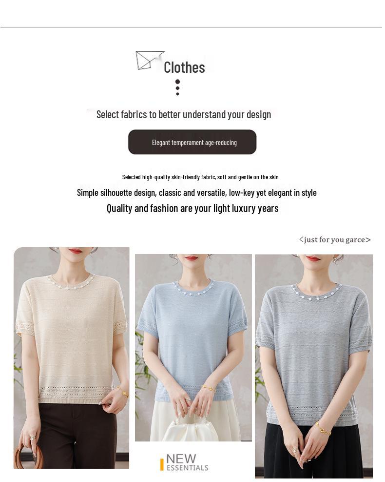 2026 Women's Tencel Knit Hollow Woven Half Sleeve Round Neck Top