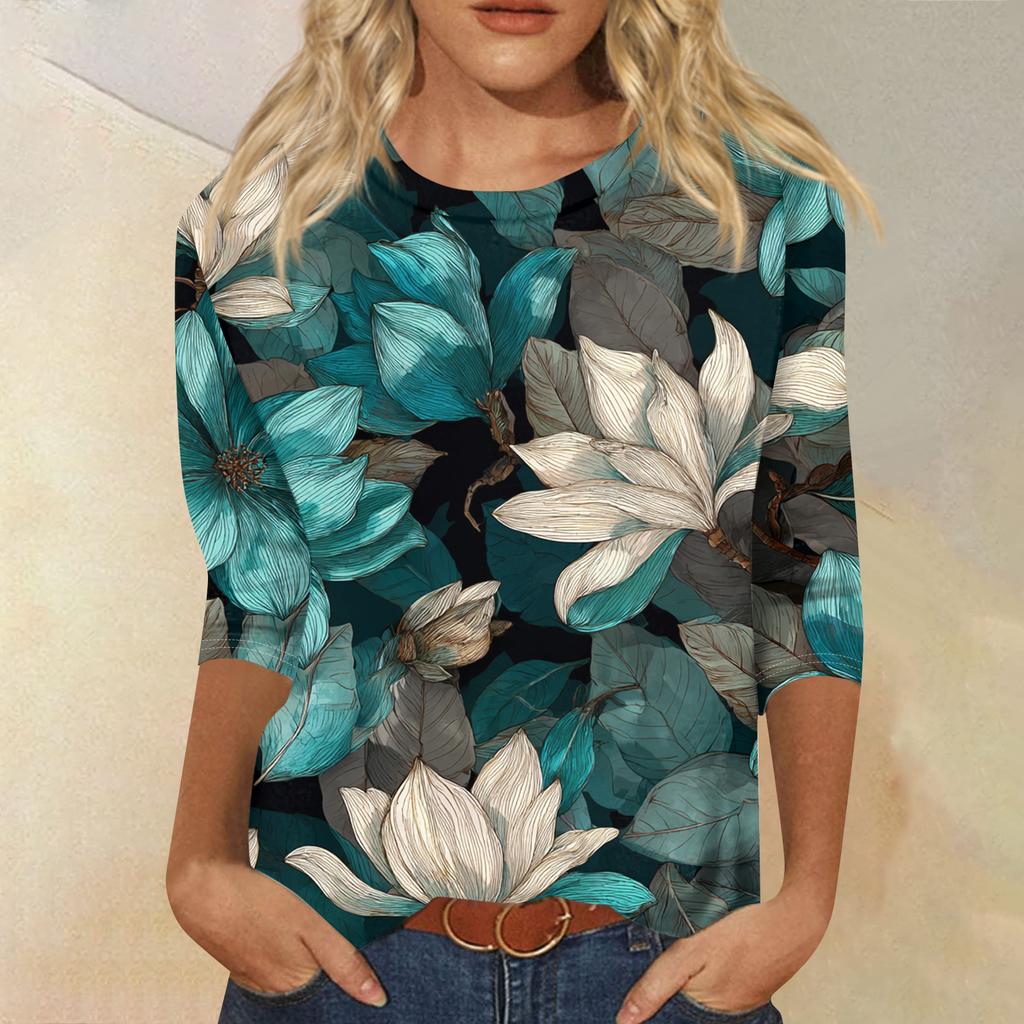 Women's Fashion Casual Round Neck Three-quarter Sleeve Retro Floral Print T-shirt Top
