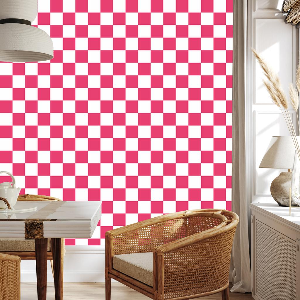 Checkerboard Wallpaper White, Pink and Powder Pink 50x1000