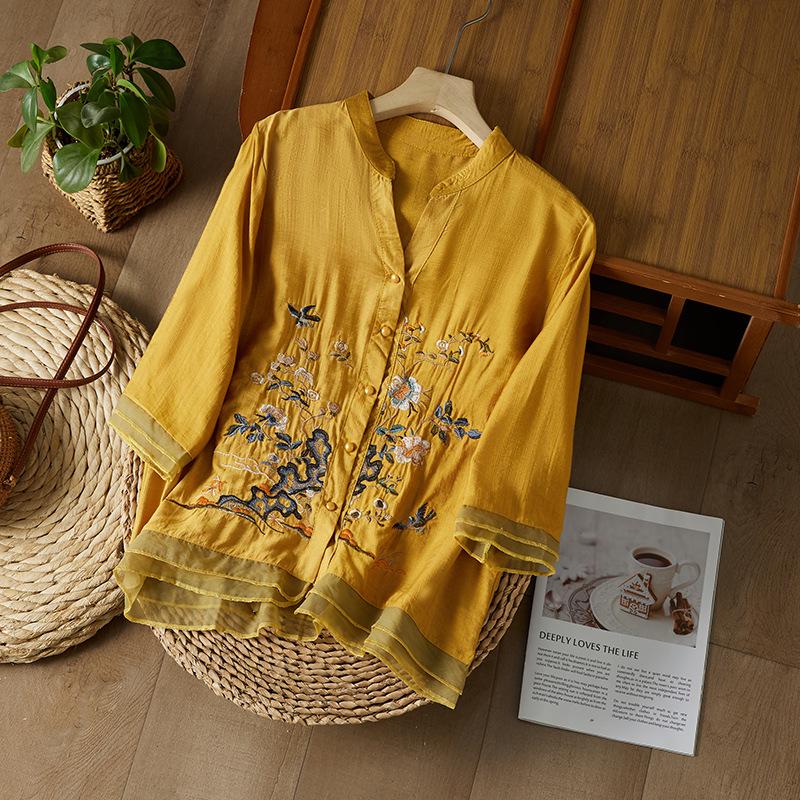 2023 Letní Luxusní Bavlněná Lněná Vyšívaná Blůza se Žabkovým Zapínáním