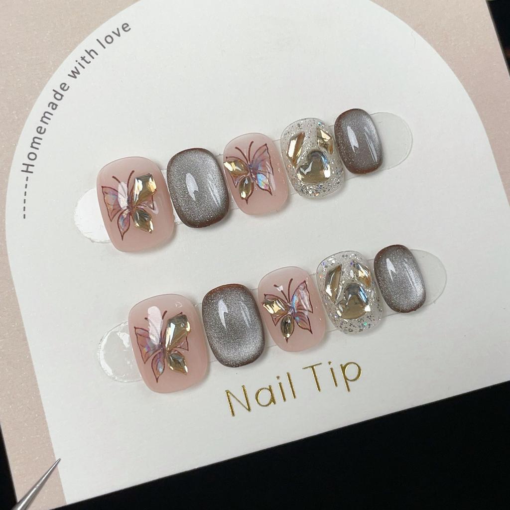 10pcs/set Handmade Dreamy Blue Press-On Nails Short Ballet Shape Gradient & Ombre Design Glossy Finish Removable False Nail Tips