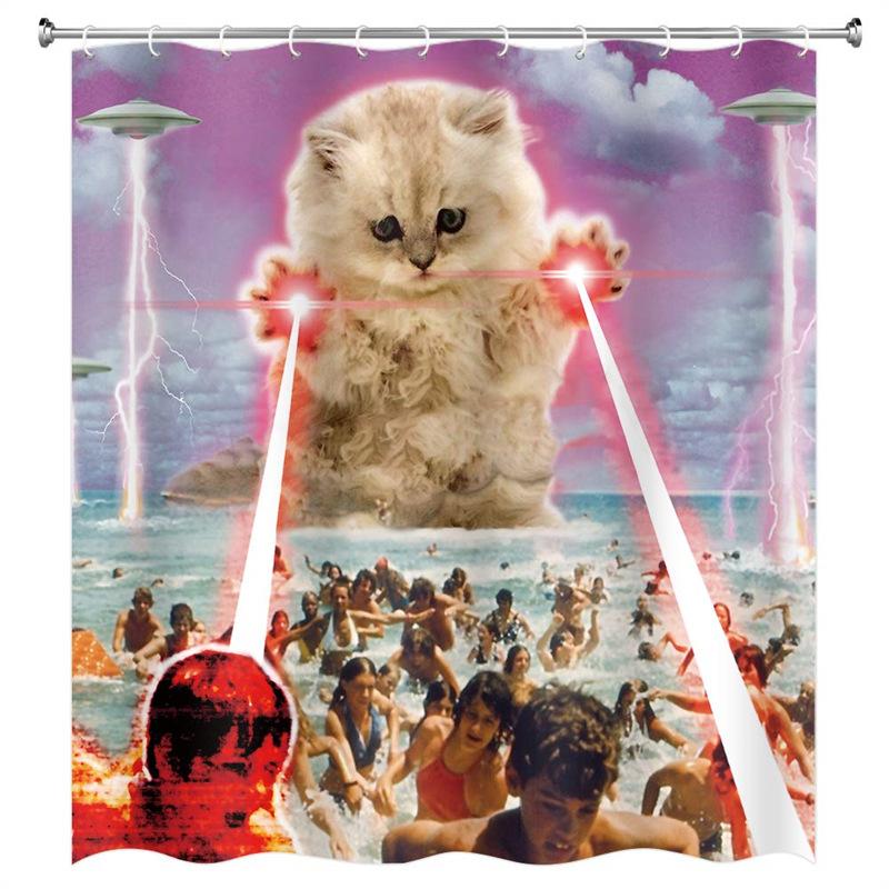 Pirate Cat Riding Shark Shower Curtain Funny Space Galaxy Rainbow Waterproof Fabric Bath Curtain With Hooks For Bathtub Decor